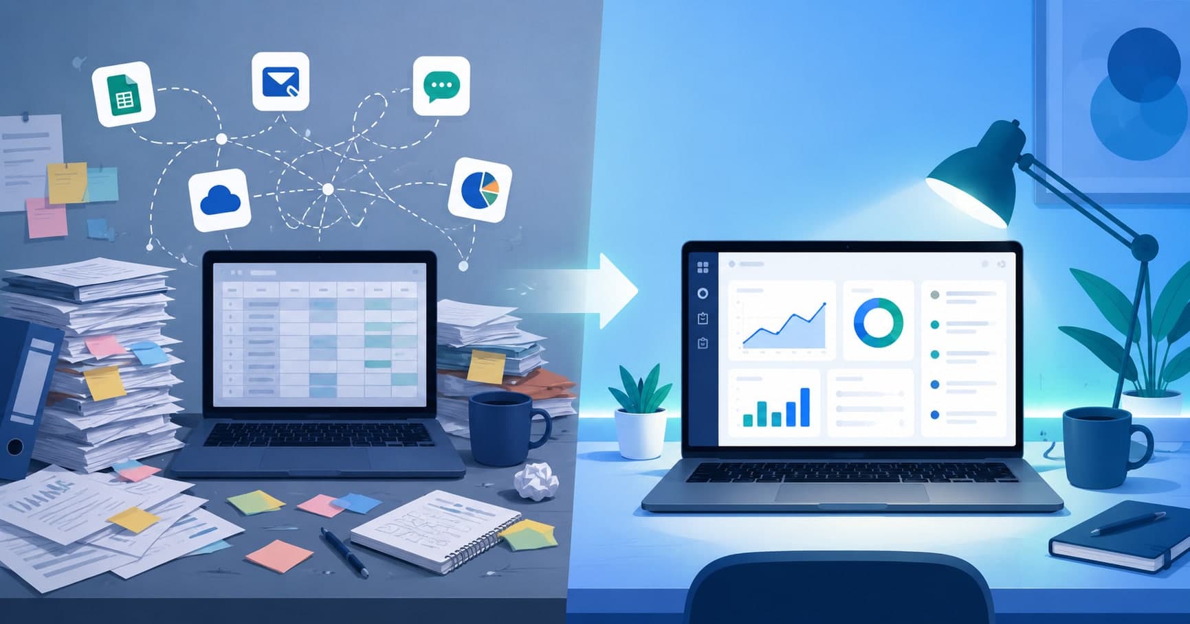 Illustration of a business owner surrounded by scattered paper, spreadsheets, and app icons on one side, versus one unified dashboard on the other