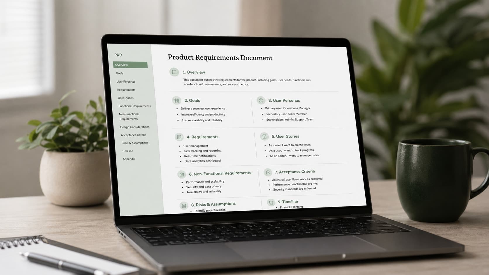 Product Requirements Document template on a laptop screen with sections for goals, features, and non-goals