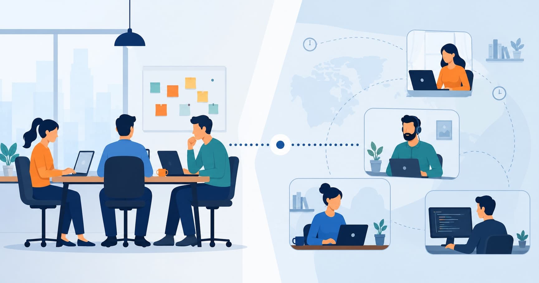 Split illustration comparing an in-house development team at a desk with an outsourced remote development team collaborating over video call