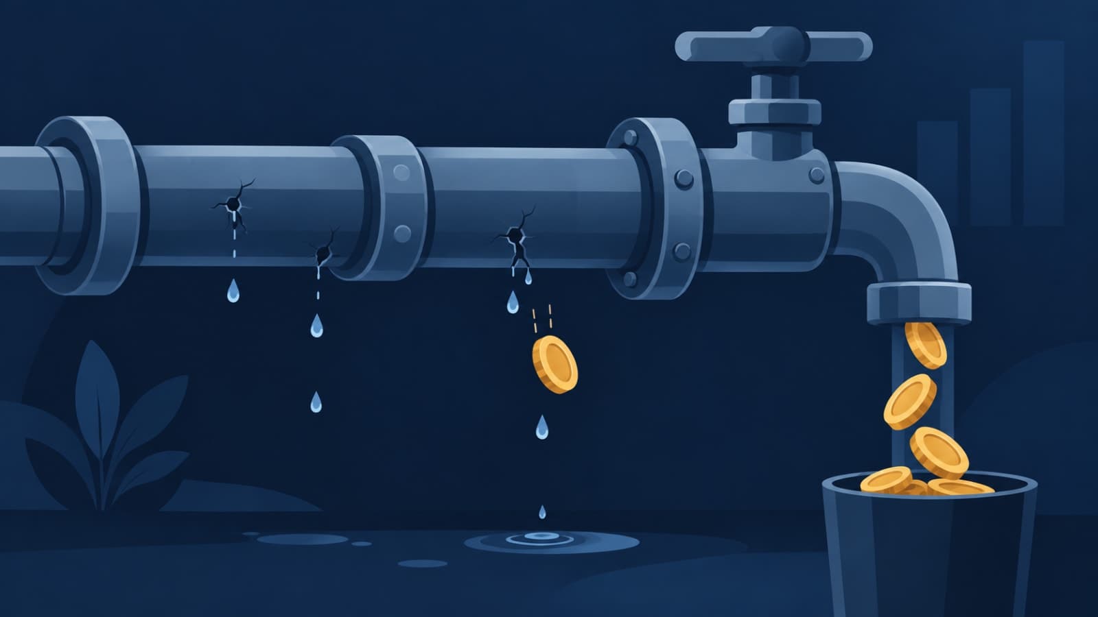 A leaking revenue faucet illustration representing subscription revenue lost to failed payments, proration errors, and webhook bugs, flat tech-blog style
